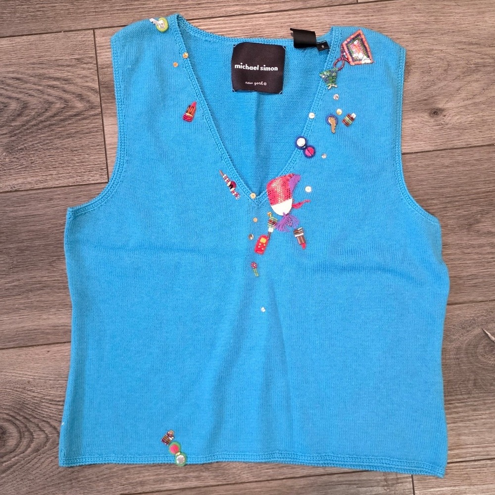 Michael Simon Womens S Sweater Vest Blue Makeup Beauty Novelty Embroidered Y2K